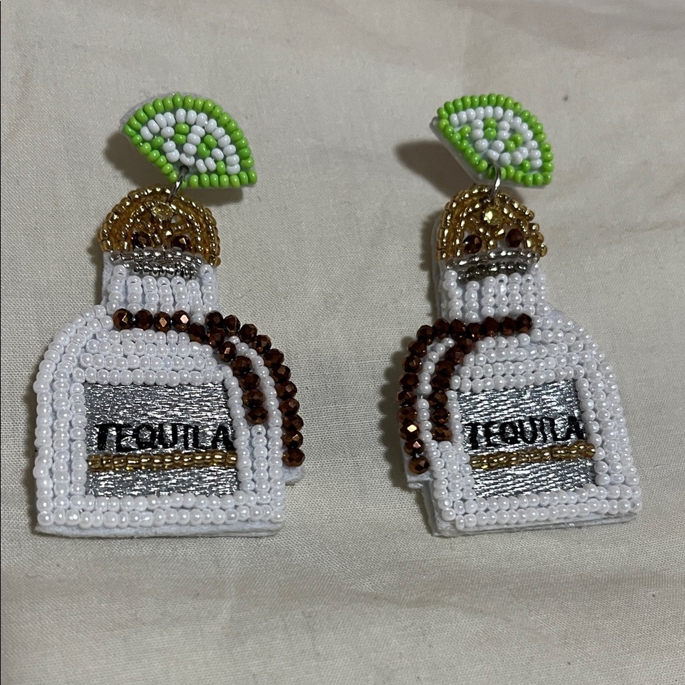 Beaded Tequila Bottle Earrings‎ with Green Leaf Accent